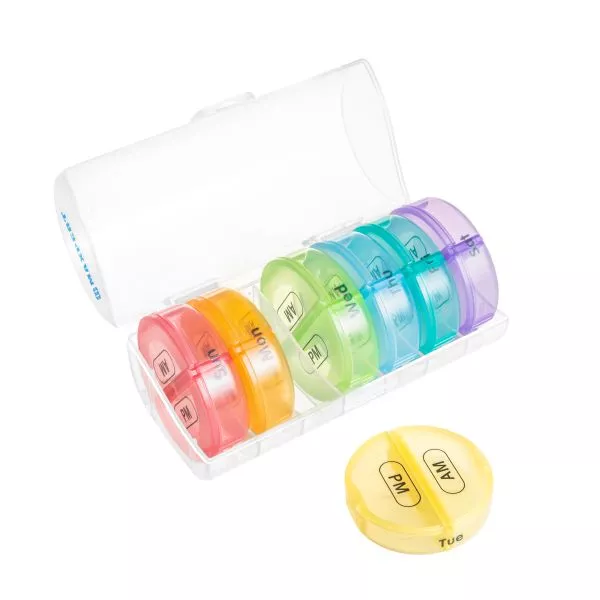 Maxpert AM/PM (7 Day) Weekly Round Travel Pill Organizer in Case, Rainbow -  Maxpert Medical